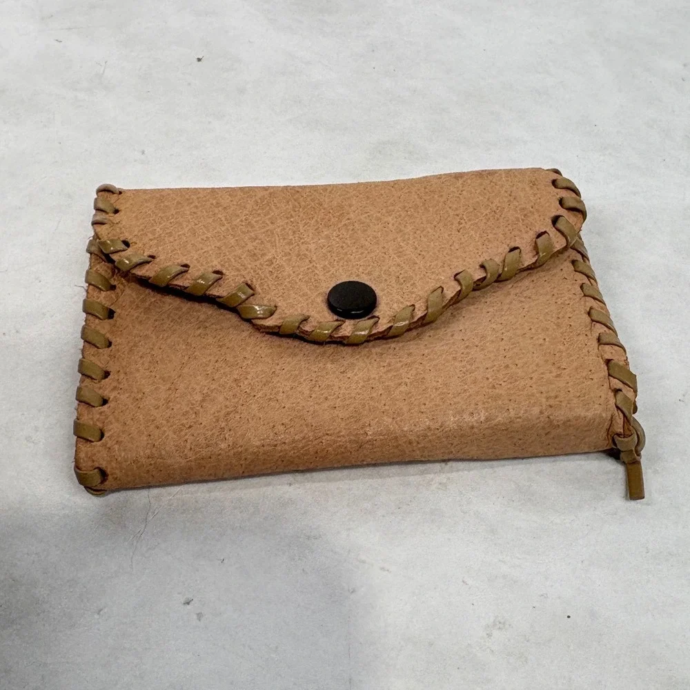 Vintage Tan Leather Whipstitch Key Case Wallet 6 Hook Holder with Coin Pouch